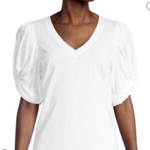 009 7 FOR ALL MANKIND Women's Cotton V-Neck Twisted Sleeve Tee - White, Small